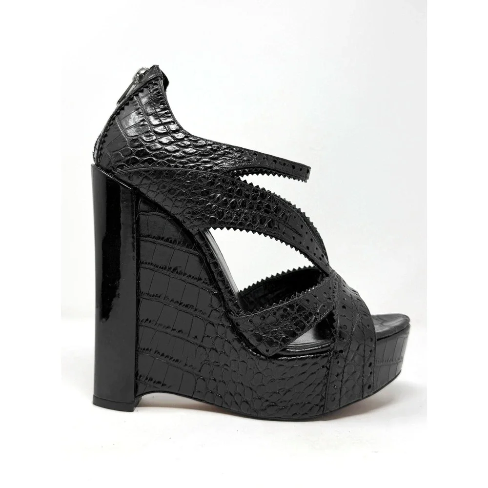 Dior Galliano Black Croc Embossed Runway Platform Wedge Sandals 39